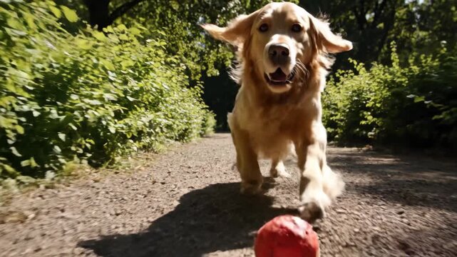 Slow motion shot of a happy Golden Retriever dog running directly towards the camera on a sunny park path, pushing a red ball with its nose.