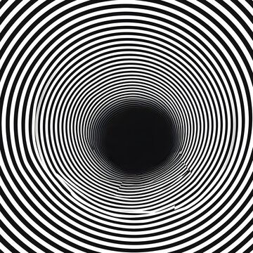Hypnotic optical illusion background featuring concentric black and white circles creating a tunnel effect