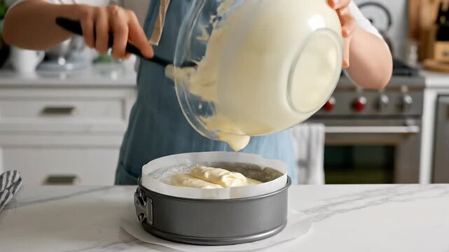 Pouring Creamy Cheesecake Batter into Springform Pan with Parchment Paper
