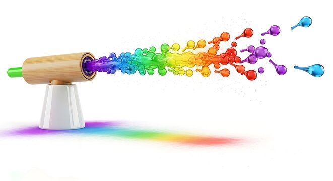 Rainbow colored bubble machine shooting vibrant multicolored bubbles into the air with a wooden cylinder and white base on a plain white background with colorful reflections