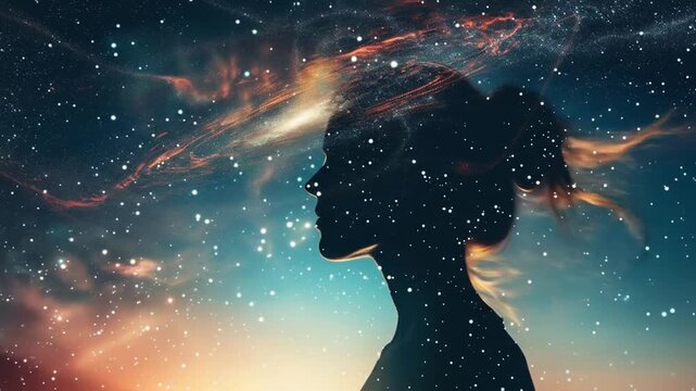 Woman silhouette with cosmic elements artistic illustration