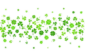 Lucky clover leaves cascade on white background. Festive St. Patricks Day border with shamrock confetti, green trefoil symbols and Irish celebration charm. Vector illustration. © Chorna_L
