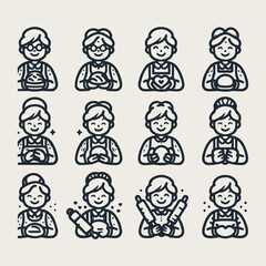 Icon set warm and friendly grandmother holding bread and a rolling pin vector
