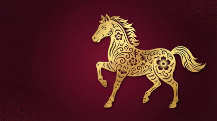 Obraz premium Golden horse paper cut design on red background with oriental patterns for a traditional chinese new year celebration and zodiac horse year