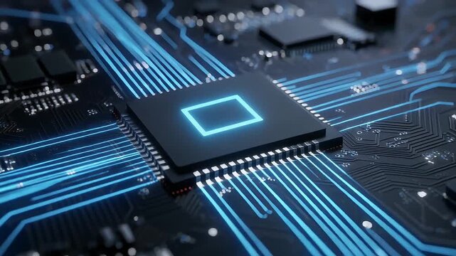 Close-up of a glowing microchip on a circuit board with blue lights