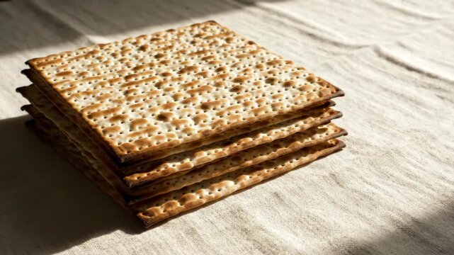 A stack of five matzah crackers sits on a textured fabric lit with sunlight casting shadows