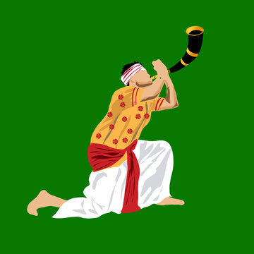 Illustration of an Assamese Man in Bihu Costume Playing Pepa Instrument, Festive Background for Happy Bihu, Assamese New Year and Harvest Festival of Assam