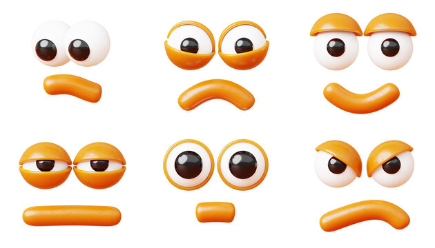 3d cartoon faces, expressive eyes and mouth for animated character design. Render set of comic facial expression, looking down, smiling, sad, sleepy, angry and surprised emotions