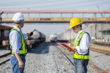 Railway engineers coordinating inspection and safety checks at a rail yard with tanker trains in the background. Concept of rail operations, teamwork © kamonrat