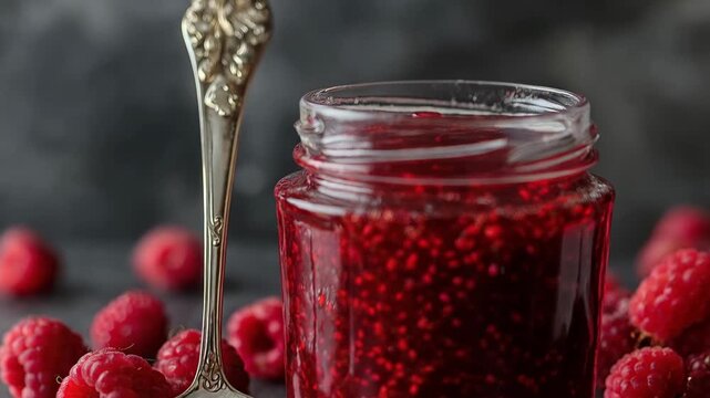 Fresh raspberry jam in a jar with a silver spoon and whole raspberries on a dark surface