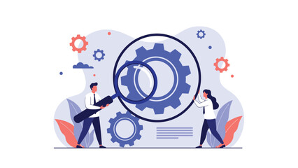 Fototapeta premium Pair of business professionals use a large magnifying glass to inspect mechanical gears for quality control and operational auditing.