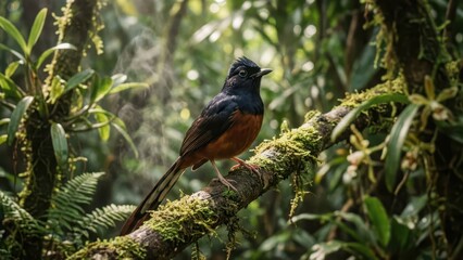 Vibrant White-rumped Shama Bird Perched on a Moss-Covered Branch in a Lush Tropical Forest
