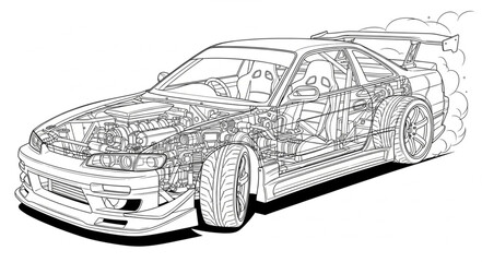 Detailed Automotive Engineering Blueprint of a Sports Car.