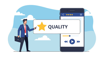 Businessman pointing at a quality star on a smartphone screen representing high customer satisfaction and service excellence.