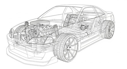 Detailed Automotive Engineering Blueprint of a Sports Car Engine and Chassis.