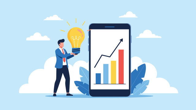 Businessman holding a bright light bulb next to a smartphone screen displaying a growing bar chart of success and innovation.