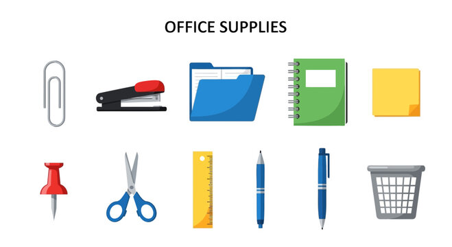 Collection of office supplies depicted in two horizontal rows against a white background