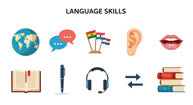 Icons illustrating language skills world speech bubbles flags ear mouth book pen headphones arrows and stacked books