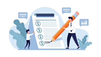 One businessman writing on a giant document with a massive pencil while another small figure helps for cooperative financial planning.