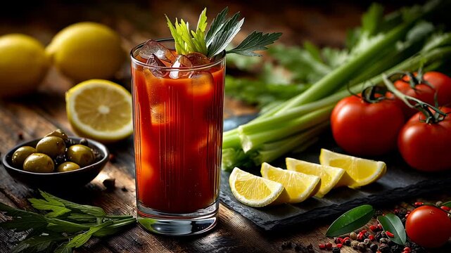 A refreshing Bloody Mary cocktail garnished with celery and herbs. Surrounded by fresh tomatoes, lemon slices, olives, and spices on a wooden table.