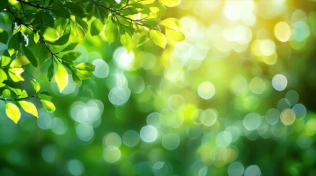 Bokeh green leaf forest loop nature light soft focus abstract background with fresh foliage glow in sunny spring garden outdoor summer season serene vibrant eco environment dreamy blurred scenery