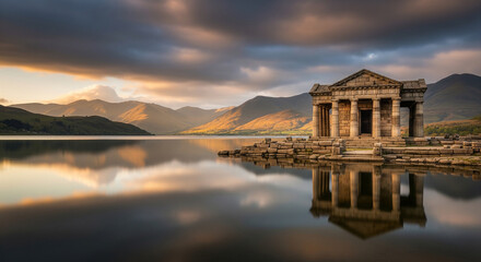 Fototapeta premium Ancient stone temple ruins reflecting in a calm lake at sunset surrounded by mountains representing history and travel perfect for tourism concepts