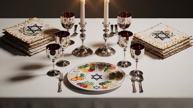 A table set for Passover Seder matzah wine glasses candlesticks utensils and a Seder plate