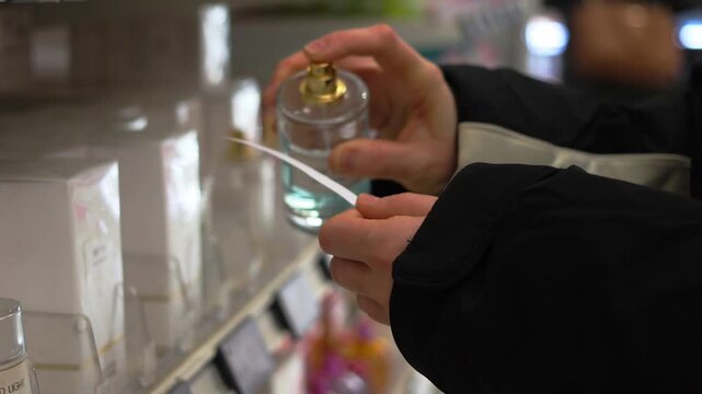 The girl puts a luxurious scent on the sampler and smells it, choosing a gift. Close up