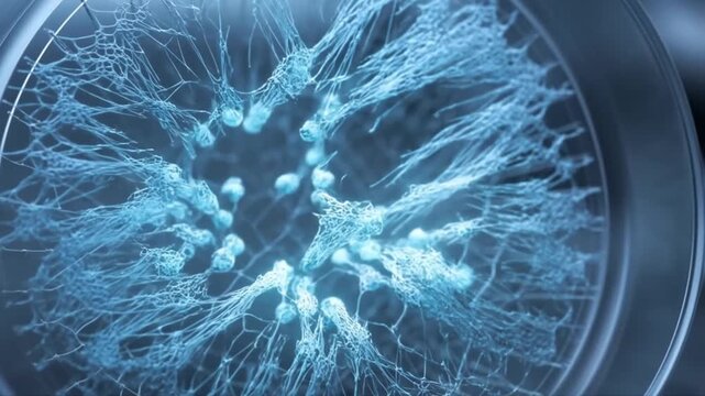 Scaffold of glowing stem cells multiplying and weaving into a healthy tissue matrix in a sterile nutrient solution concept of tissue regeneration and healing