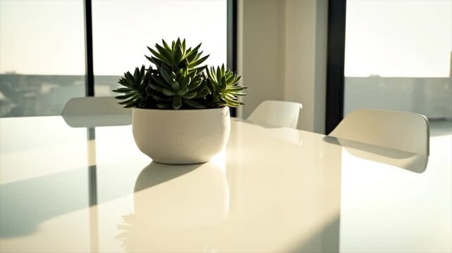 A potted plant sits on a white table surrounded by chairs near a window with natural light