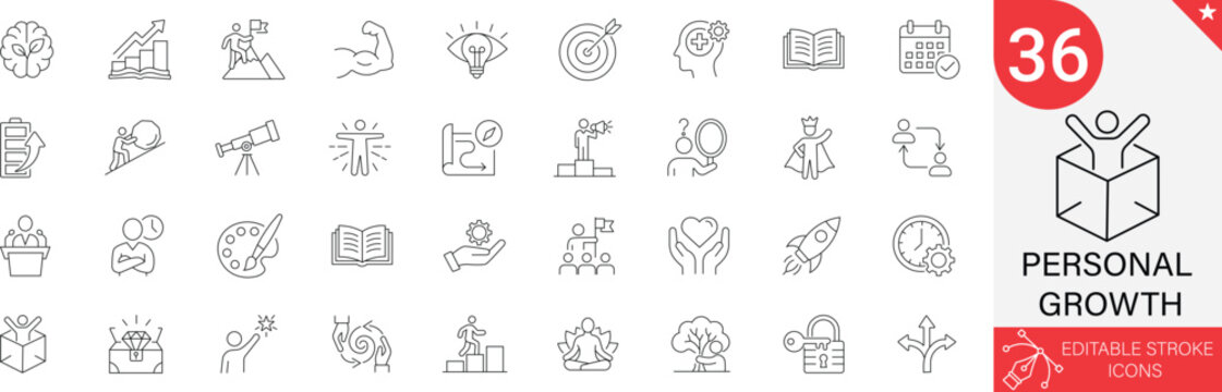 Personal Growth Icons Set. Success, Mindset, Development, Motivation, Goal, Education, and Skills. 36 Professional Line Icons with Editable Stroke. Ideal for Coaching, Apps, and Web Design.