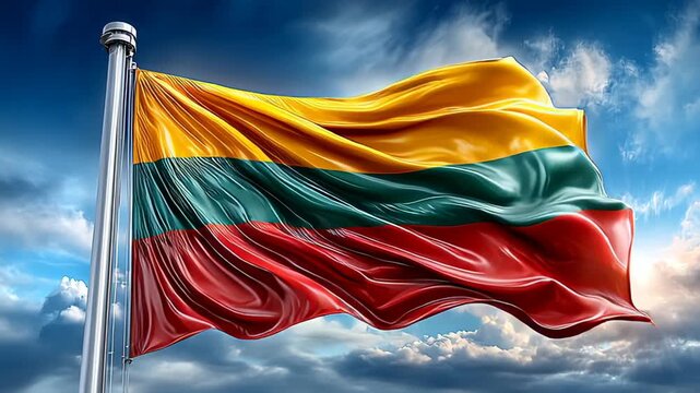 A vibrant Lithuanian flag waving against a blue sky with clouds. The flag features horizontal stripes of yellow, green, and red.