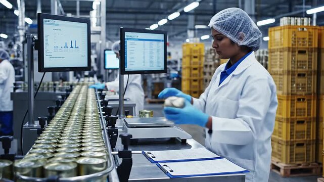 Quality control in food production: worker checks cans on conveyor belt with computer data