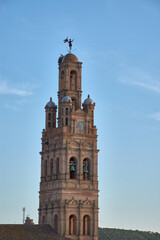 Fototapeta premium Detail of the Baroque brick tower in Llerena, Badajoz.