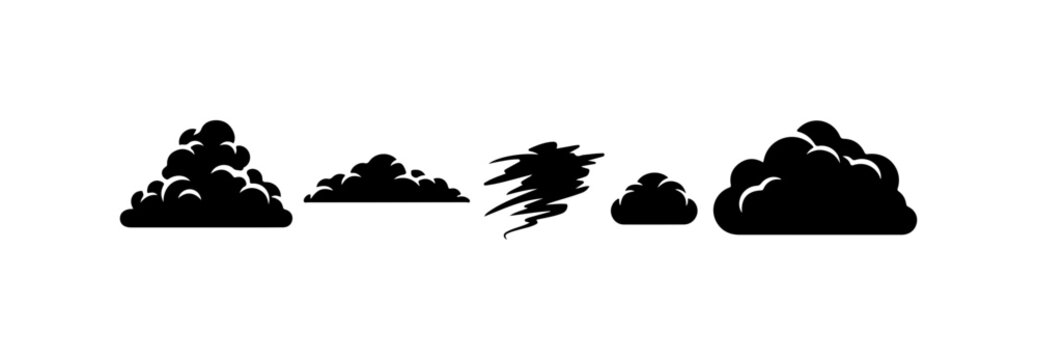 Black cloud icons, weather symbols, silhouette set, vector graphics