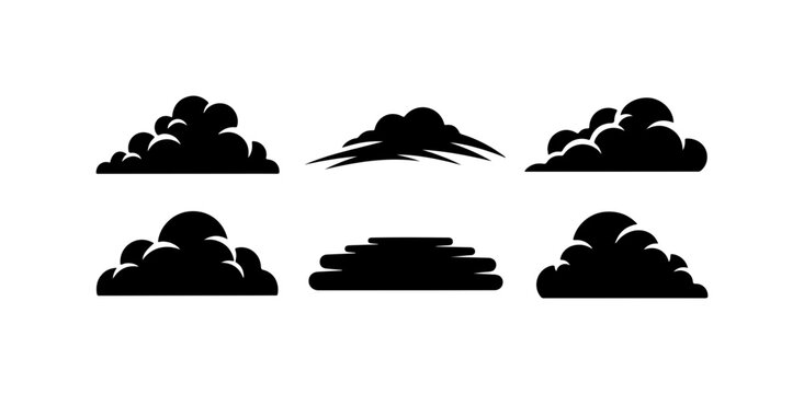Black cloud icons, cloud silhouettes, weather symbols, vector graphics