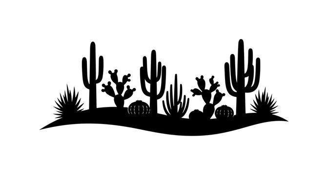 Desert landscape, cactus silhouette, black vector icons, desert plants, landscape design elements