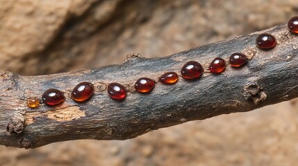 myrrh. Gnarled myrrh tree branch with deep red resin droplets, close-up. gardening catalogs, home-decor guides, designed for home decor and floral branding and gardening and botanical catalogs.