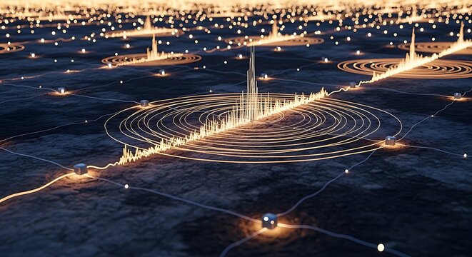 A distributed sensor network for earthquake early warning thousands of tiny devices in the ground glowing as a seismic wave passes.