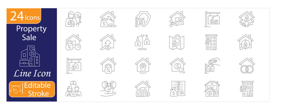 Property Sale Icons Set, Real Estate Deal, House Listing, For Sale Sign, Property Investment, Mortgage Agreement, Home Transfer, Editable Stroke Vector Illustration.