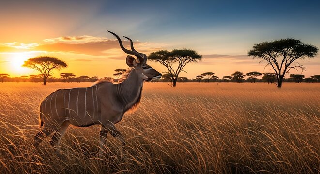 A majestic antelope stands in a savanna at sunset with acacia trees in the background