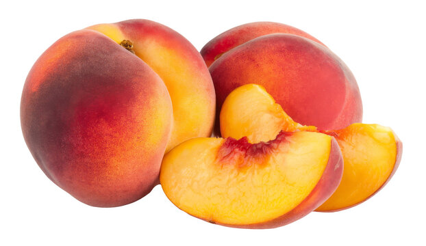 fresh peaches with slices on white background