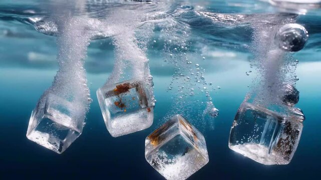 Droplets splash around ice cubes sinking in water during a sunny day near a poolside setting