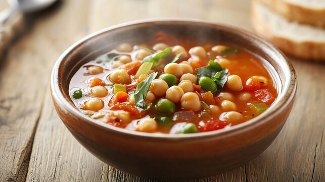 chickpeas. Moroccan soup bowl filled with chickpeas and green broad beans, steaming with earthy tones under natural light. menu design.