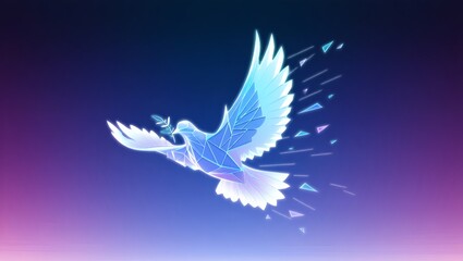 Fototapeta premium Geometric Glowing Dove Flying with Olive Branch Symbolizing Peace