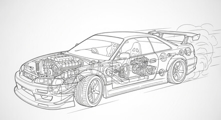 Detailed Blueprint Diagram of a Sports Car Engine and Chassis.