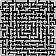 Top down view of a complex black and white maze with intricate paths and sharp turns on a white background