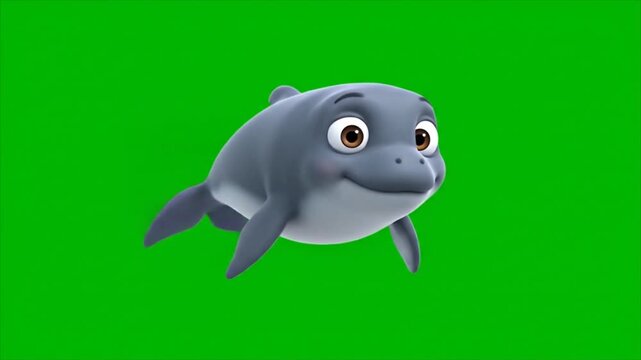 Cartoon Illustration of a Gray Dolphin in a Bright Green Background, Centered and Facing Right