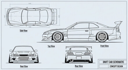 Detailed blueprint of a sports car with multiple views. © Ahmad