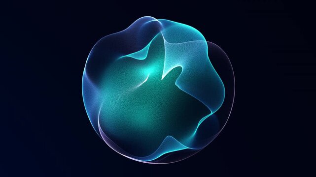 Glowing blue gradient orb dissolving into soft flowing particles with smooth circular motion. Futuristic abstract energy sphere, minimal digital style, seamless loop, clean background